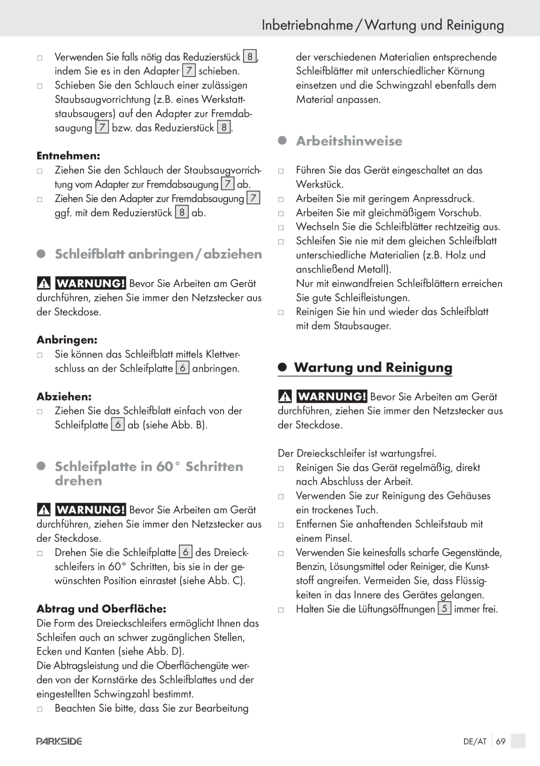 Parkside POE-1200, POE-2400 Inbetriebnahme / Wartung und Reinigung, Schleifblattanbringen / abziehen, Arbeitshinweise 